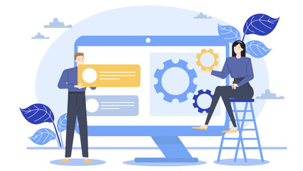 Two people near a computer with gears, perfect for technology and innovation concepts in presentations, websites, and social media.
