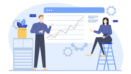 Title Two people presenting line graph. Suitable for business presentations, data analysis, teamwork themes in marketing materials, websites, or social media.