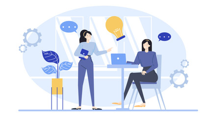 Two women collaborate on a project. Teamwork, partnership, women in business, project management, office environment, diversity in workplace concepts.