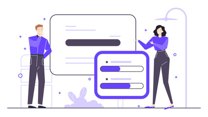 Two people observing a progress bar, suitable for technology, collaboration, teamwork, productivity, software development, project management concepts.