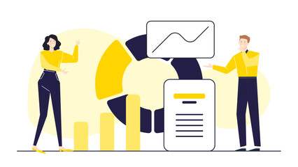 Man and woman analyzing business data on graphs and charts, suitable for presentations, financial reports, teamwork concepts, and data analysis.