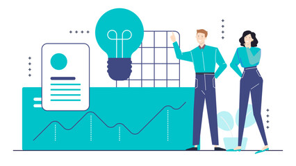 Man and woman highlighting a graph with a lightbulb, ideal for presentations, brainstorming concepts, financial strategies, teamwork, innovation.