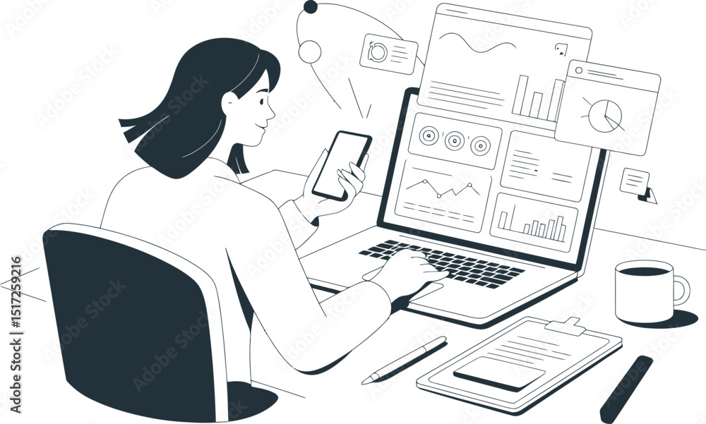 Poster woman analyzing data on laptop and smartphone in modern office setting with charts and graphs illust