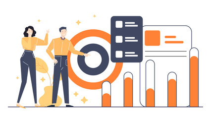 Two people by a target and growth charts, suitable for presentations, financial reports, business articles, and marketing materials.