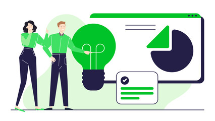 Two people exchange ideas with light bulb and pie chart in hand, suitable for business presentation or brainstorming concepts.