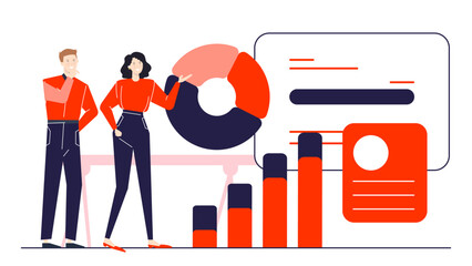 The image shows a man and a woman analyzing a graph together. Perfect for business presentations, data analysis concepts, teamwork themes.