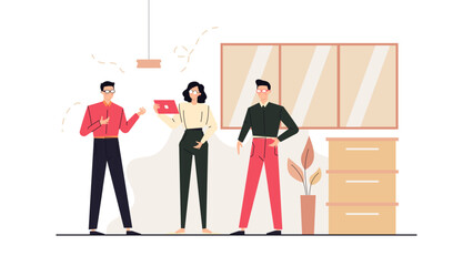 Three people having a conversation in an office. Suitable for business, team discussion, workplace communication, corporate setting, and teamwork themes.