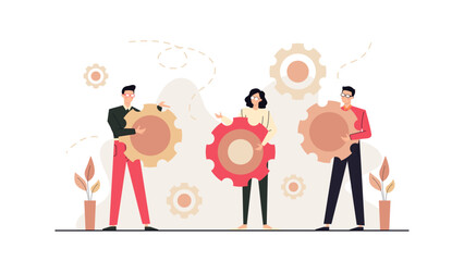 Three people collaborate holding big gears. Perfect for teamwork concepts, business collaboration, industrial technology, innovation, and engineering projects.