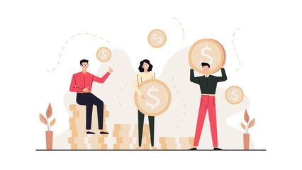 Three people near stacks of money; suitable for finance, investment, wealth, team success, business partnership, financial planning concept.