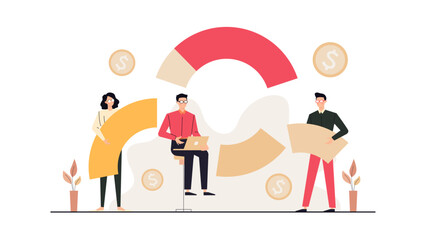 Title Three people, laptop, dollar signs. Suitable for finance, business, teamwork concepts. Collaboration, wealth, technology, success, financial planning visuals.