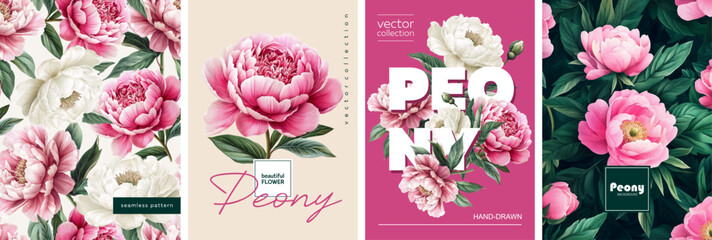 Hand drawn set of floral designs. Vectorized hand drawn gouache illustrations. high quality illustrations of peonies, flowers and leaves for poster, prints, menu, card or cover © Nadin_Koryukova