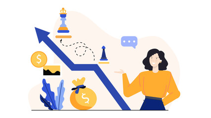 Title Woman pointing at an upward blue arrow. Suitable for business presentations, financial reports, growth concepts, success motivation, and goal achievement.