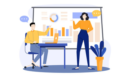 Two professionals discussing in front of charts on a whiteboard. Suitable for business, presentation, teamwork, planning, strategy concepts.