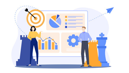 Two individuals analyzing data visually with charts and graphs. Suitable for business presentations, financial reports, teamwork concepts, and data analysis.
