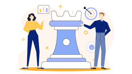 Woman and man near chess piece, strategy, teamwork, competition, board games, in business, marketing, psychology, relationship, partnership concepts.