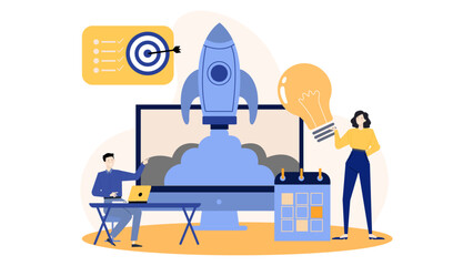 Man and woman collaborate on a project, brainstorming and planning together with technology and creativity. Ideal for teamwork concepts.