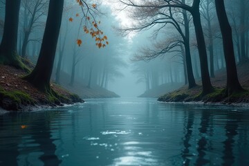 Misty Forest River with Autumn Leaves Reflections
