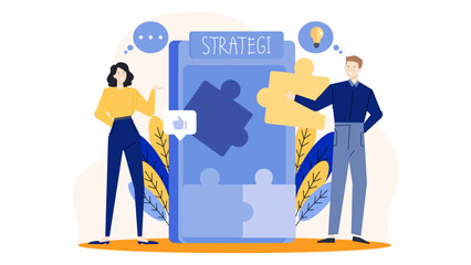 Two people solving puzzle on phone labeled strategi. Perfect for depicting teamwork, problem solving, strategy, collaboration, technology, communication concepts.