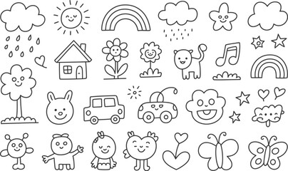 Obraz premium Cute hand drawn vector illustrations of nature objects characters and symbols for children's designs