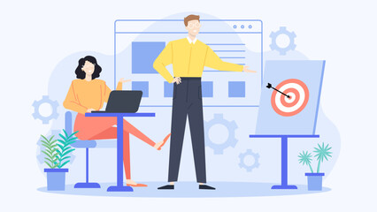 Two people discussing business goals near a target. Suitable for illustrating teamwork, strategy, planning, and goalsetting concepts in presentations.