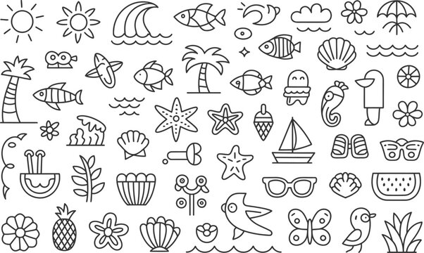 A whimsical collection of hand drawn summer icons representing beach life vacation and holiday themes