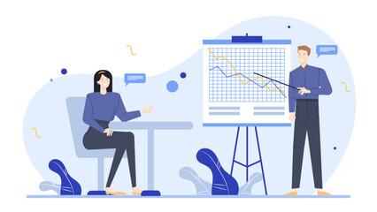 Business meeting, woman seated with man pointing at chart on easel, discussing project progress. Suitable for presentations, business concepts.