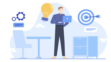 Man holding laptop with lightbulb gear and target behind suitable for innovation, business strategy, technology concept designs, presentations.