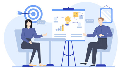 Two people discussing a presentation with a lightbulb icon. Perfect for business meetings, brainstorming sessions, pitch presentations, or teamwork concepts.