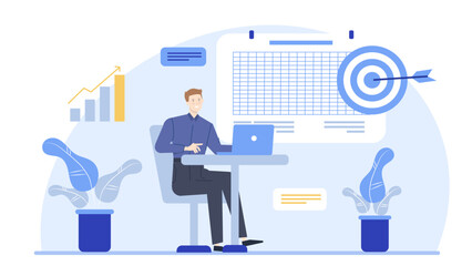Man sitting at a desk with a laptop and a target, suitable for business concept designs, marketing materials, and educational presentations.