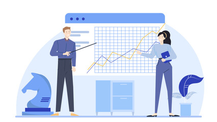 Two businesspeople showcasing a graph on a screen. Ideal for presentations, financial reports, teamwork, business meetings, and professional communication.