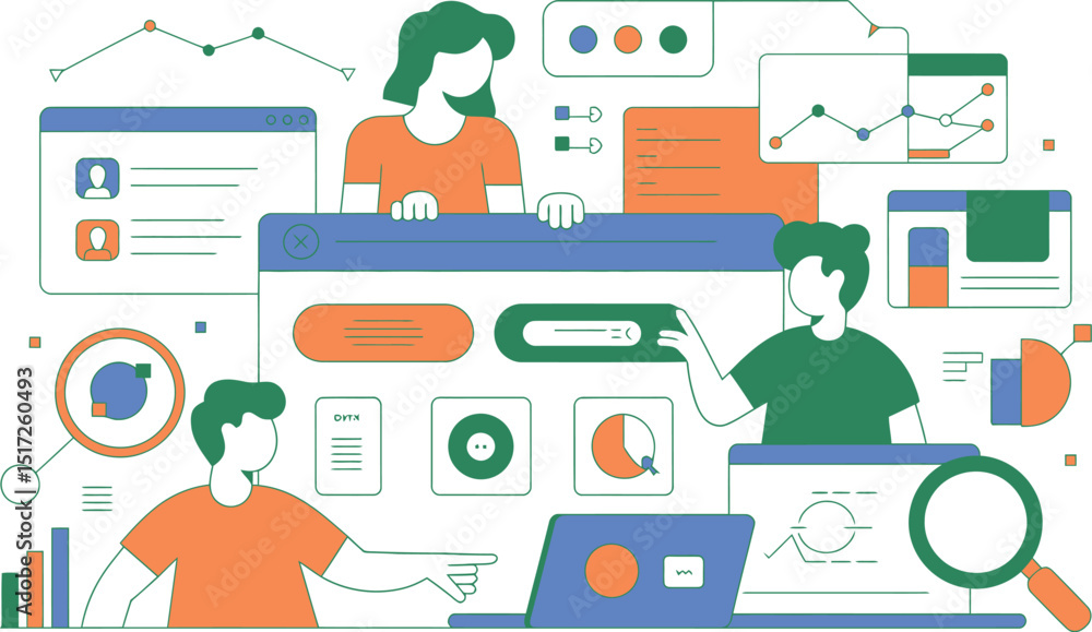 Poster data analysis and teamwork concept illustration featuring diverse professionals collaborating on pro