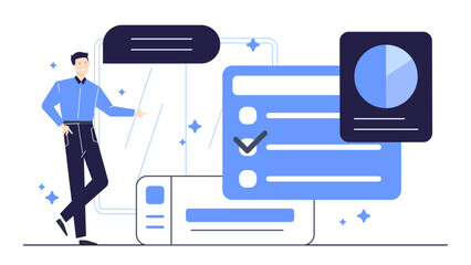 Man pointing at checklist with a checkmark, suitable for project completion, success, task accomplishment, planning, organization, progress tracking concepts.