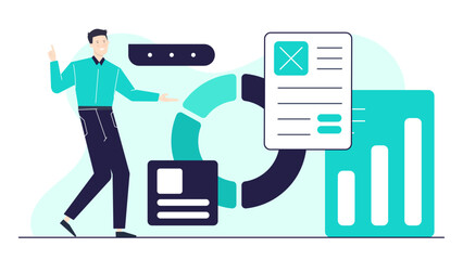 Man presenting data charts and graphs, ideal for business presentations, financial reports, educational materials, and data analysis concepts.