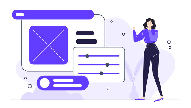 Woman pointing at a purple website design. Suitable for web development, digital marketing, ecommerce, technology presentations, and online advertising campaigns.