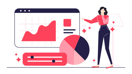 Suitable for business presentations, financial reports, data analysis publications. Woman pointing at a graph and pie chart in discussion.