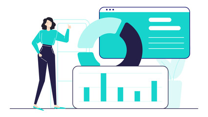 Woman gives a thumbs up next to a chart and pie graph. Suitable for business presentations, success concepts, data analysis graphics.