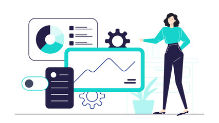 Woman presenting data with line chart, suitable for business presentations, data analysis articles, financial reports, marketing materials, educational content.