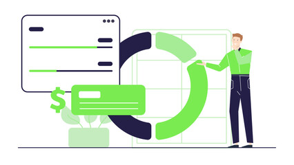 Man presenting a chart with a green dollar sign, suitable for finance presentations, investment reports, stock market analysis, financial consultations.