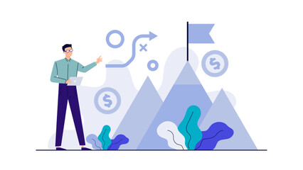 Man with a laptop in front of mountains with a flag; suitable for travel, remote work, digital nomad, adventure journey concepts.