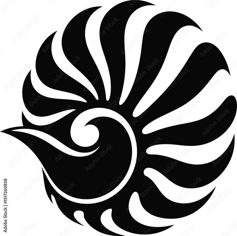Poster a stylized black and white illustration of a nautilus shell with a spiral pattern and radial segment