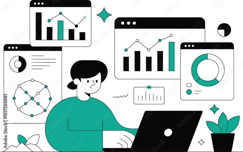 Poster business analyst working on a laptop surrounded by charts and graphs analyzing financial data and ma