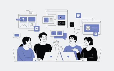 Collaborative team of professionals engaging in digital marketing strategy discussion and analyzing website interface designs on laptops