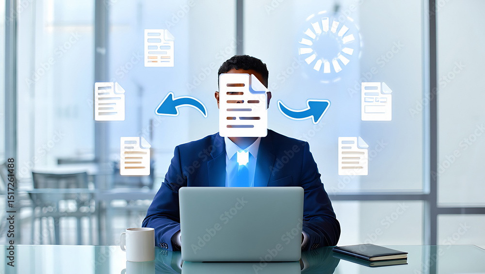 Poster man in suit at desk with laptop and document icons obscuring face in a bright office setting