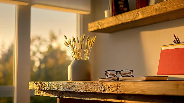 Cozy home office workspace with natural light, wooden desk, green plants, and artistic decor elements