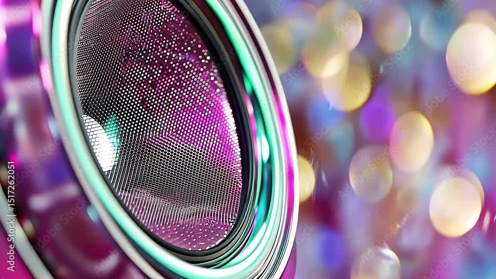Poster close-up view of a colorful speaker with shimmering lights and vibrant effects in a dynamic music se