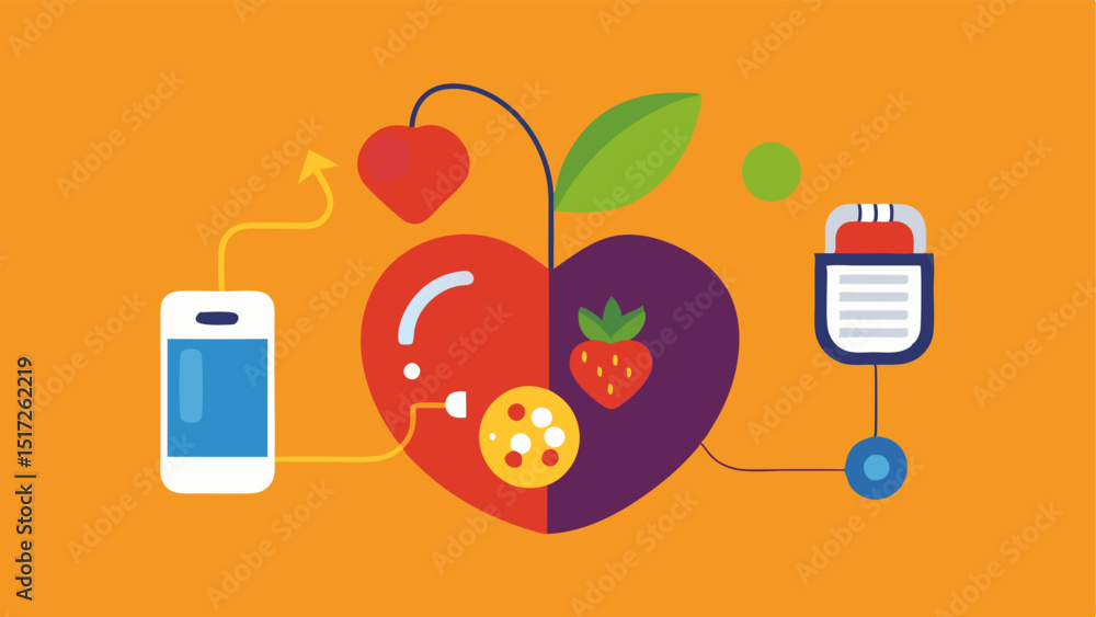 Poster heart health an illustration of a heart made of fruits and vegetables connected to a device showing 