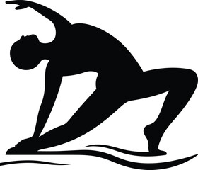 A silhouette of a person in a yoga pose with one arm raised and the other touching the ground on waves
