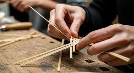 Close up of a worker's hands making woven handicrafts from rattan and bamboo.