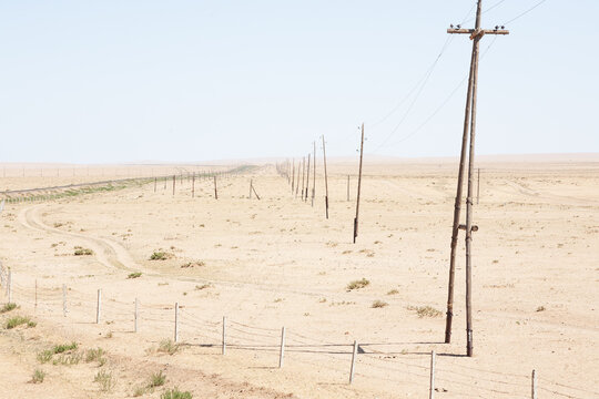 Telegraph poles across the Gobi Desert. Mongolia.