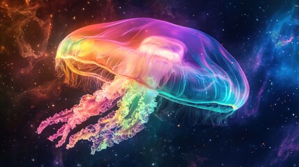 Naklejka premium Iridescent Jellyfish in Cosmic Nebula, Vibrant Colors